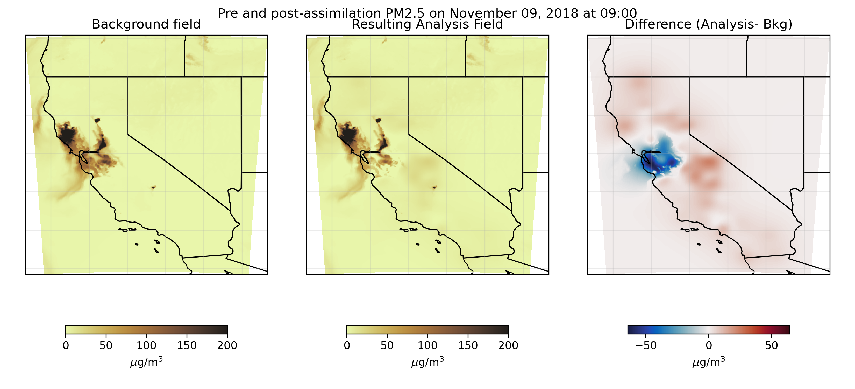 Results of data assimilation on the wildfire smoke / PM2.5 field